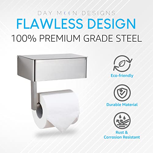 Day Moon Designs Toilet Paper Holder With Shelf, Flushable Wipes Dispenser & Storage Fits Any Bathroom, Keep Your Wet Wipes Hidden, Stainless Steel Wall Mount Bathroom Organizer, Brushed Nickel, Small #TOP5