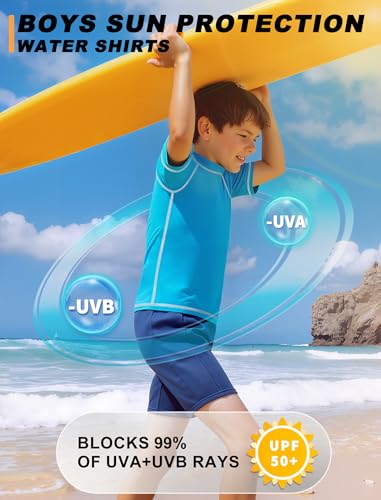 Image of Boys Rash Guard Short Sleeve UPF50+ Sun Protection Water Beach Swim Shirt | Kids Youth Surfing Pool Neon Swimwear Top Quick Dry Tagless Ultra Soft Stretchy Lightweight Moisture Wicking Cool Feel Tee