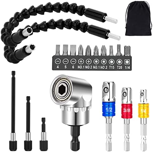 19pcs Flexible-Drill-Bit-Extension Set,Hex Shank 105°Right-Angle-Drill-Attachmen,3pcs 1/4 3/8 1/2" Universal Socket Adapter Set,3pcs Drill-Bits Holder.