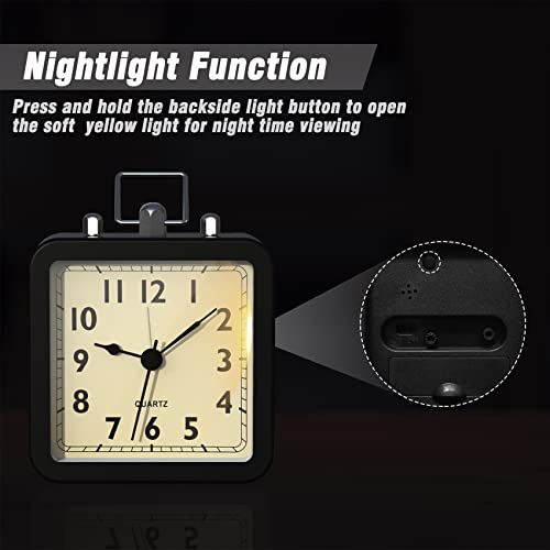 Image of AYRELY Small Metal Alarm Clock, Desk and Table Clock for Travel | Battery Operated Retro Silent Clock with Light for Bedroom, Bedside, Shelf and Living Room Decor (Matte Black)