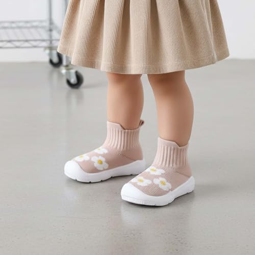 MORENDL Toddler Sock Shoes Baby Walking Shoes Infant Slippers Boys & Girls Non-Slip Sneakers Beige Flower Size 8