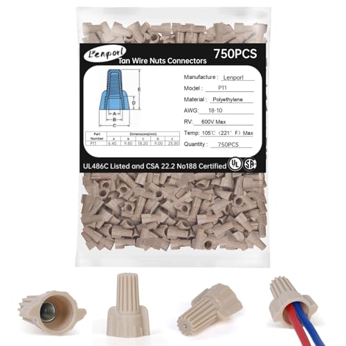 Lenporl 750PCS Tan Wire Nuts Connectors P11 Twist Wire Caps Electrical Wire Connectors, Winged Springs Screw Terminals Wire Nuts Tan Assortment Kit for Wire Connection
