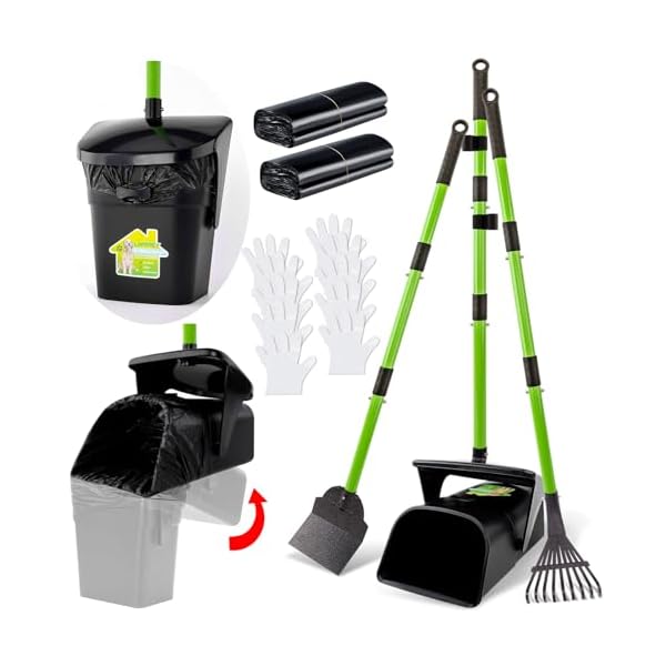 Lanney pooper scooper 38 long adjustable metal handle dog pooper scooper swivel bin rake spade with 50 bags attachment portable heavy duty dog poop scooper for yard dogs large medium small  urban country home decor