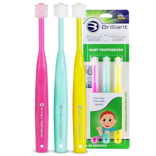 Image of Brilliant Oral Care Baby Toothbrush with Soft Bristles and Round Head, for a Toddler Approved, Easy to Use All-Around Clean Mouth, Ages 0-2 Years, Pink Mint Yellow, 3 Pack