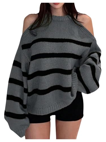 Verdusa Women's Striped Cold Shoulder Oversized Sweaters Streetwear Colorblock Pullover Knit Tops