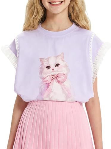 Image of Girls Ruffle Sleeves Shirt Cat Graphic Tee Cute Summer Short Sleeve Top for Teens 6-16Y