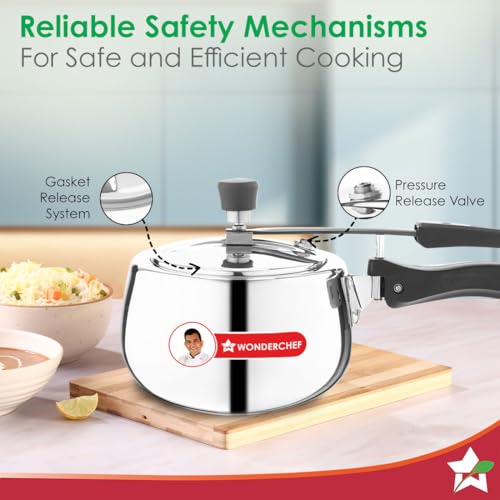 Image of Wonderchef Nigella Triply Stainless Steel Pressure Cooker 2L, Inner Lid, Gas, Induction Compatible & Ceramic Cooktop, ISI Certified, Contour Collection, Uniform Heating, 5-Year Warranty