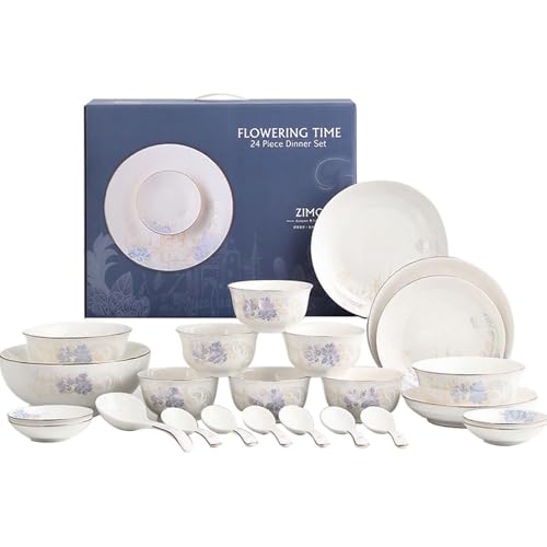 Flowering Time 24 Pcs Dinner Set Gold Rimmed Bone China Dinnerware Set Light Purple Floral Plates Set Premium Gift Box Set Ideal for Gifting & Present Giving Microwave & Dishwasher Safe