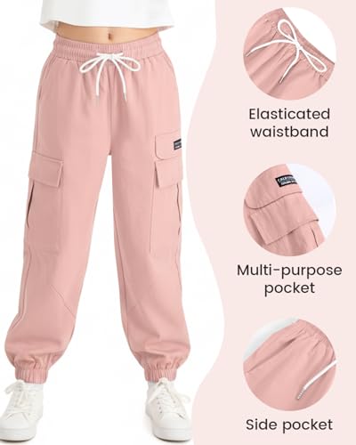 Image of JiAmy Girls Cargo Pants Elastic High Waist Drawstring Pants Jogger Trousers Casual Loose with Pockets 6-14Y
