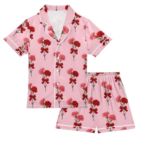 Pink Red Rose Pajamas Sets Short Sleeve Silk Stain Pjs Button Down Sleepwear for 5-14Y
