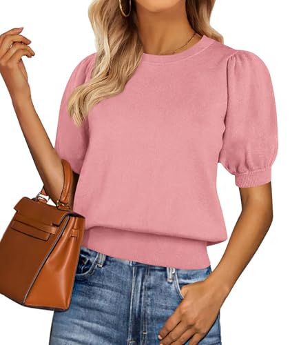 Image of PRETTYGARDEN Womens Sweaters Spring 2026 Summer Puff Short Sleeve Sweater Trendy Cute Knit Work Blouses Business Casual Tops