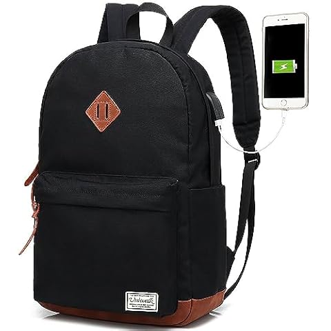 UNIWALK Classic College Backpack, Water-resistent Laptop Backpack with USB Charging Port & Headphone Adapter for Men & Women Travel Bookbags Fits up to 14'' Computer 15'' Macbook - Black Cover
