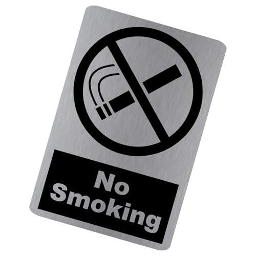 METAL No Smoking Sign Aluminium BRUSHED SILVER Warning WITH IMAGE Door Notice Office Shop Warehouse School Cafe Restaurant Pub Business Premises Hotel Health Safety D2 150x100mm MS29