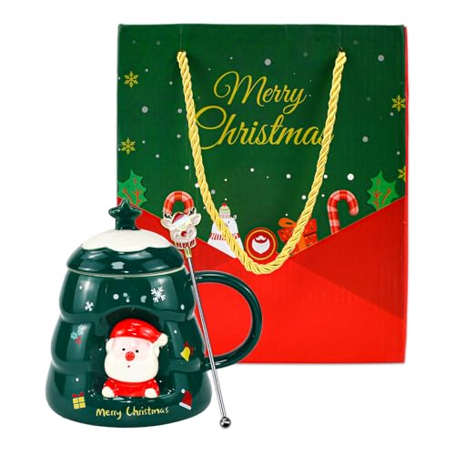 CAREDGO Taza de Café Navideña, Taza de Café de Cerámica con Tapa y Agitador Taza Navideña Grande de 450 ml para Microondas Taza de Navidad 3d en Forma de Árbol y con Figurita de Papá Noel, Verde