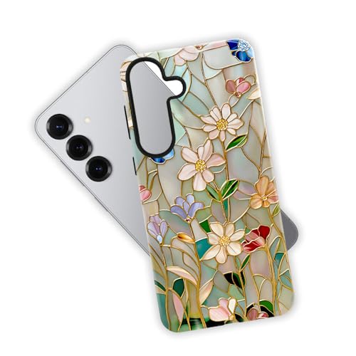 TnXee Case for Samsung Galaxy S25,Stained Glass Bloom Flower Phone Case Drop Resistant Glossy 2 in 1 Solid Dual-Layer Cover for Girl Women by TnXee - Used condition - Image 3