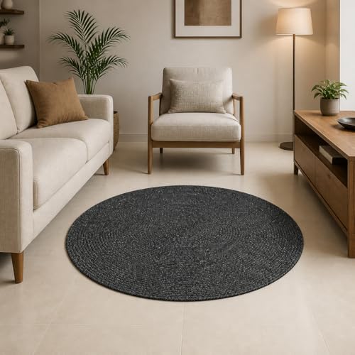 Image of Handmade Cotton Braided 3x3 feet Throw Rug - Washable, Low Pile Reversible Floor Mat for Bedroom, Kitchen, Entryway & Living Room - Eco-Friendly Woven Carpet - (Charcoal, Round)