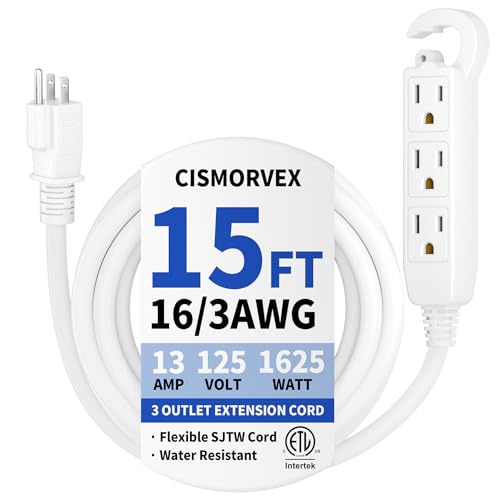 15 Ft 3 Outlet White Extension Cord Grounded Extension Cord with Multiple Outlets 16/3 AWG 3 Prong Power Strip for Indoor Use 13A 125V 1625W ETL Listed White