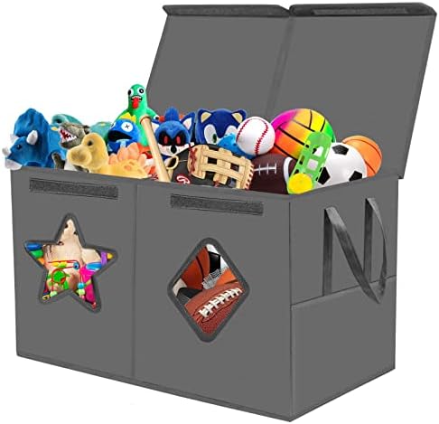 ouruer Large Toy Box-Toy Chest Organizers and Storage with Star Diamond Transparent Windows,Double Flip-Top Lids,2 Sturdy Lengthen Handles and 2 Mesh Bags for Boys,Kids,Girls,Nursery,Play Room(Grey)