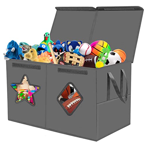 Ouruer Large Toy Box-Toy Chest Organizers And Storage With Star Diamond Transparent Windows,Double Flip-Top Lids,2 Sturdy Lengthen Handles And 2 Mesh Bags For Boys,Kids,Girls,Nursery,Play Room(Grey) #TOP23