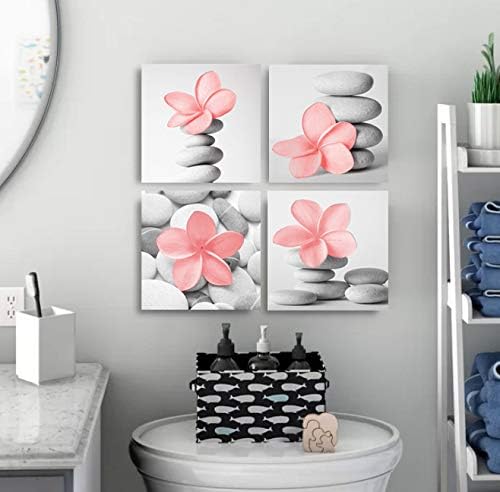 Genius Decor-Modern Wall Art Flowers and Pebble Stone Spa Pictures Canvas Art Grey Decor(Blush)