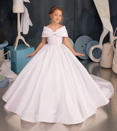Off Shoulder Satin Flower Girl Dress Kids Princess First Communion Dress Long Formal Prom Ball Gowns Bow Knot2