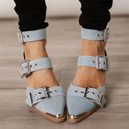 Women's Pointed Toe Pumps Chunky Wedge Heels Ankle Strap Western Sandals Metal Buckle Comfortable Fashion Casual Dress Shoes3