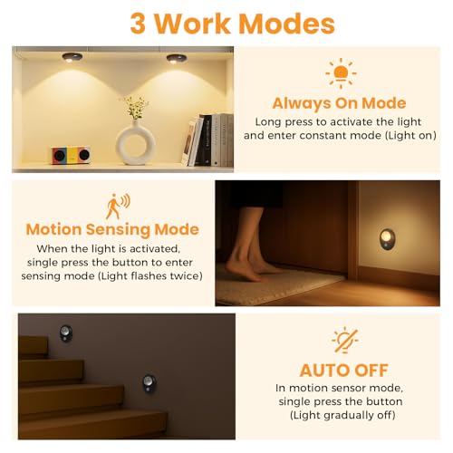 Motion Sensor Puck Lights 4 Pack, USB-C Rechargeable Under Cabinet Lights, 3 Color Temperatures Dimmable Magnetic Closet Lighting, Wireless LED Lights for Kitchen, Pantry, Shelf, Drawer, Hallway — view 4
