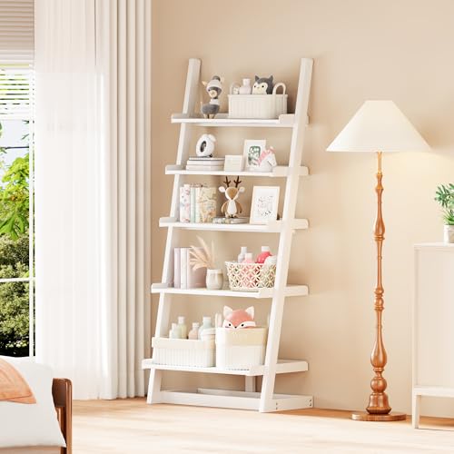 LEMODOR White Bookshelf for Kids, 24 Wide x 55 Inch Tall Ladder Book Shelf, L Shaped Metal Frame & 5 Tier Wooden Shelves, Corner Bookcase for Bedroom, Classroom, Office, Living Room