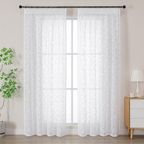 Image of Simplebrand Leah White Leaf Pencil Pleat Curtains 2 Panels W140 x L183 cm