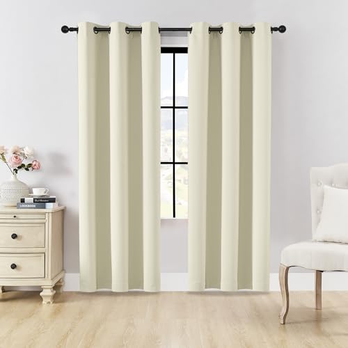 Image of HUTO Beige Blackout Curatins Window Drapes for Bedroom Living Room - Antique Copper Grommet Room Darkening Thermal Insulated Privacy Protect Draperies Curtains, Set of 2, Cream White, 42W x 84L