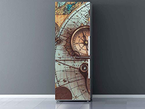 Vinilo para Frigorífico Mapamundi, Brújula y Reloj Antiguos 185x60cm | Adhesivo Resistente y Económico | Pegatina Adhesiva Decorativa de Diseño Elegante