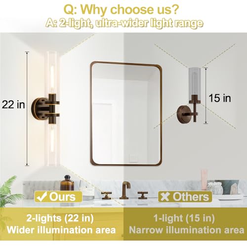 Image of Indoi Wall Sconces Set of Two, Hardwired Brown Bathroom Sconces Wall Lighting with Clear Glass, Modern Sconces Wall Decor Set of 2 Bathroom Light fixtures for Mirror Hallway (Bulbs Not Included)