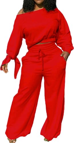 sexycherry Red 2 Piece Outfits for Women Casual Long Sleeve Sweatsuits Long Loose Wide Leg Pants Tracksuits Sets with Pockets Drawstrings (X-Large)