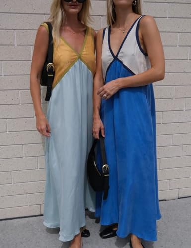 Image of Womens Summer Color Block Satin Dress Loose V Neck Contrast Patchwork Flowy Beach Vacation Long Tank Maxi Dresses