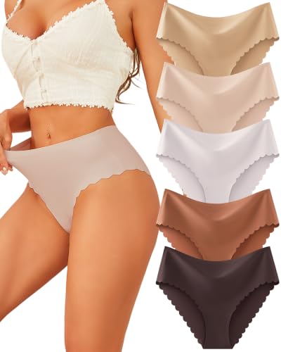 Image of FINETOO Seamless Underwear for Women High Waisted Panties Scalloped Edge Sexy Cheeky Bikini No Show Briefs S-XXL 5 Pack