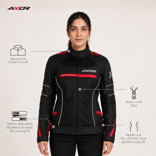 Image of Axor Divazz Women Motorcycle Riding Jacket, CE Armour Protective Bike Jacket, All-Weather Touring Riding Gear with Ventilation Panels, Black Red, L