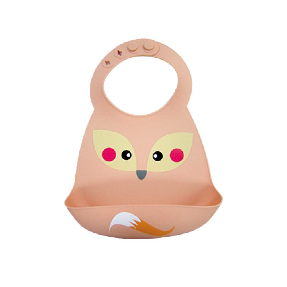 Waterproof Baby Silicone Bibs, Treer Soft Adjustable Roll up Feeding Bibs Drool Bibs Wipe Clean with Food Catcher Pocket for Infants Toddlers (30x23cm,Pink Fox)