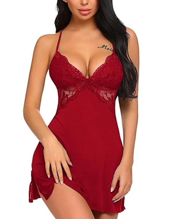 Stylbase Babydoll Lingerie Women Lace Slip & net Nighty Set – V-Neck Lycra Chemise Sleepwear Nightgown Nightdress with Adjustable Straps & Matching Thong Panty, Bridal Honeymoon Nightwear