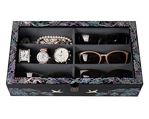 Antique Alive Mother of Pearl Handmade Korean Wood Sunglasses Box Eyeglasses Valet Display Storage Case for 6 Pairs of Glasses, Watches, Jewelry, Trinkets â€“ Wooden Accessory Organizer Gift for Men & Women (Crane & Pine Glass Black)