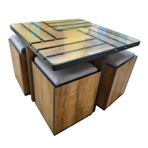Image of 4 Puffy Center Table Cum Dining Table | Engineered Wood Coffee Table with Cushioned Stools | Space Saving Furniture for Living Room