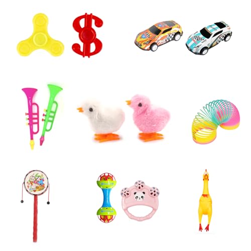 13PCS Toys Under Gift Pack Mini Car Fingertip Gyro Spinning Trumpet Spring Chick Rainbow Plastic Spring Shaking Drum Hand Shaking Ling Pinch Barking Yellow Chicken