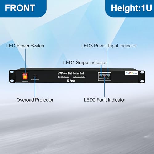 Image of 1U Horizontal PDU 19 inch Rack Mount Power Strip - Surge Protector | For Network Servers, 10 NEMA 5-15R Outlet, 120V 15A, 3600 Joules, Heavy-Duty 6 ft Cord
