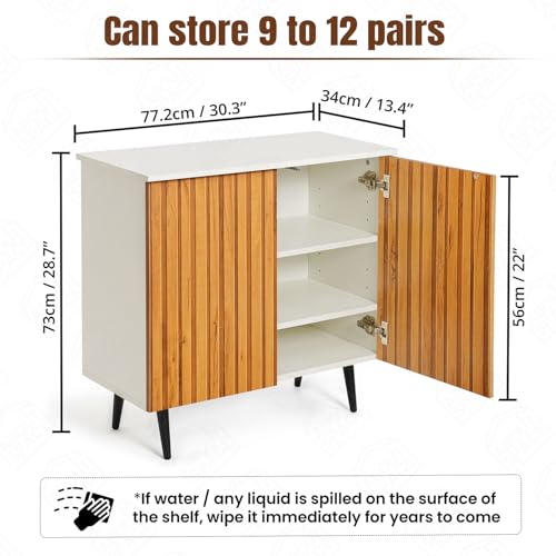 Image of ABOUT SPACE 3 Tier Shoe Rack with Door | Press Open 2 Door Engineered Wood Shoe Stand for Home | Smooth Non-Fluted-Effect Adjustable Shelf Raised Legs 9-12 Pair Shoes Storage Cabinet |White & Teak