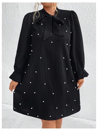 WDIRARA Women's Plus Size Pearl Beaded Tie Neck Long Sleeve Casual Work Short Dress4