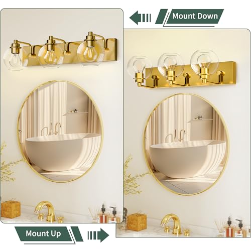 Image of 3 Light Bathroom Light Fixtures-Brushed Gold Bathroom Vanity Lights, Modern Vanity Lights 3-Light Bathroom Lighting Fixtures Over Mirror with Clear Glass Globe Shade