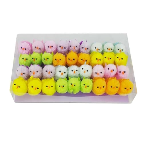 DearSun Pack of 36pcs 1.35 inches High Little Mini Chicks Easter Tiny Chenille Chicks Easter Bonnet Decoration Party Supplies Cake Decoration (Rainbow Multicolor)