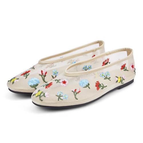 Image of Arqa Crystal-Embellished Mesh Flats Rhinestone Ballet Flat Slip On Ballerina Shoes Comfortable Casual Gauze Shoe