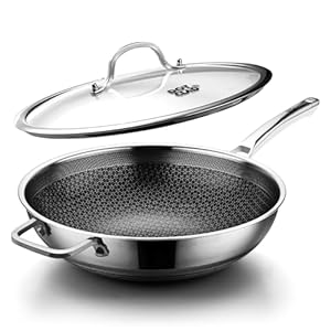 Wok pan,Hybrid 12 inch Wok with Lid, PFOA Cookware,non stick Stainless Steel Woks & Stir-fry pans Nonstick, Dishwasher and Oven Safe, Works on Induction