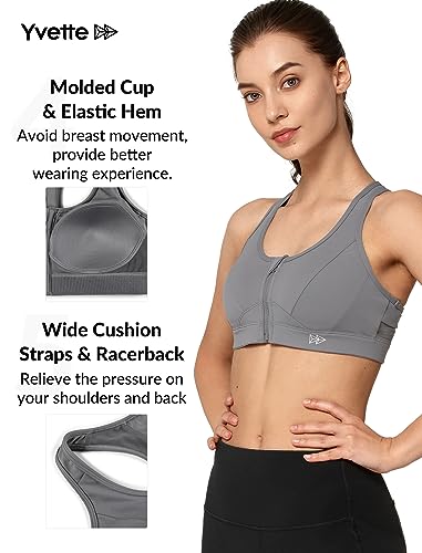 Yvette Zip Front Sports Bra - High Impact Sports Bras For Women Plus Size Workout Fitness Running,Grey #TOP3