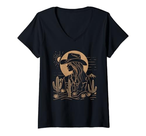Femme Cowgirl Western Women Country Music Vacances d'été T-Shirt avec Col en V